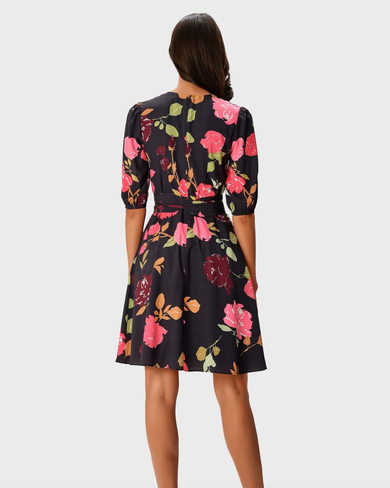 Floral Print Crepe Obi Belt A-Line Dress | Black